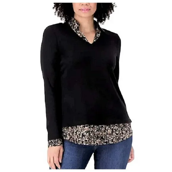 Isaac Mizrahi Live! Mixed Media Collared Vneck Layered Look Top LARGE (313C) - Picture 2 of 7